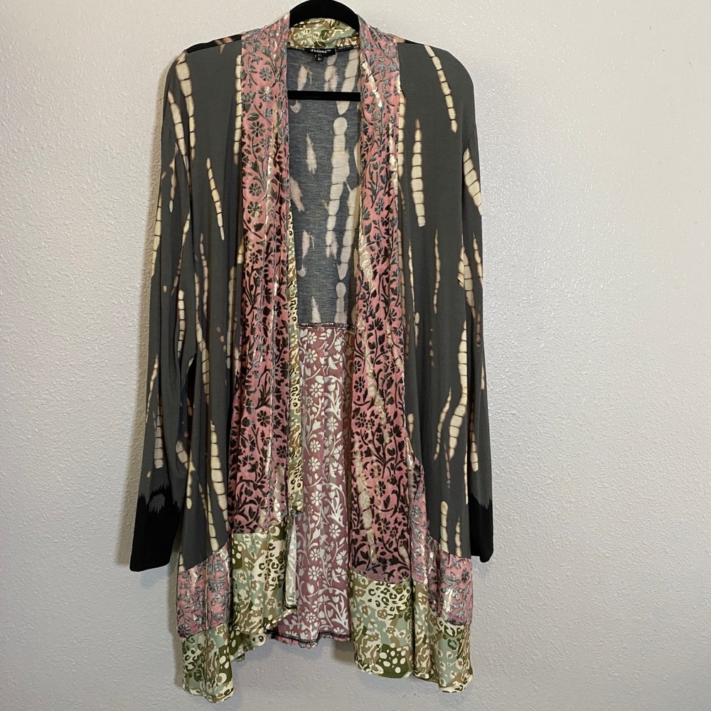 Tolani Green Pink Patchwork Velvet Burnout Kimono L Fairy Grunge Lagenlook Artsy